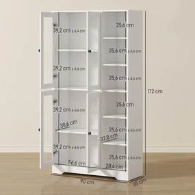 HOMCOM Szafka kuchenna z drzwiami szklanymi, półki, otwarte przegrody, 172 cm, MDF, Biały
