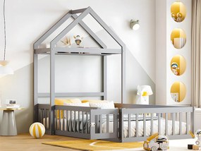 Łóżko dziecięce domek 90x200cm z litego drewna - z drążkiem na ubrania - Szare