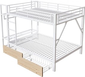 Łóżko piętrowe 140 x 200 cm - Konstrukcja metalowa - 2 szuflady - Kilka półek - Oświetlenie LED - Wieszak na ubrania - Biały​ (materac nie jest wliczony w cenę)