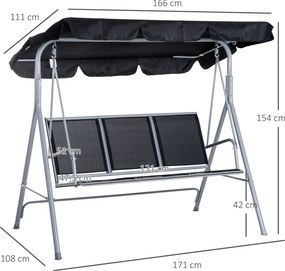 Outsunny Huśtawka Ogrodowa z Daszkiem 3 Osobowa Metalowa Czarno Srebrna Ławka Bujana z Ochroną Przed Słońcem 171x108x154cm | Aosom PL