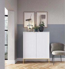Komoda Wysoka Geriffelt DomoHome NOVA – 2 drzwi, Highboard z złotymi uchwytami, Biały, złote nogi 125x104x39cm - Elegancka do salonu