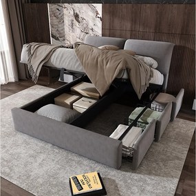 Łóżko podwójne z pojemnikiem - 140 x 200 cm - z 3 szufladami + hydrauliczny stelaż + zagłówek - welur - szary