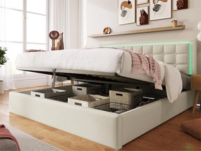 Łóżko ze schowkiem 180 x 200 cm - skóra ekologiczna - diody LED - stelaż z listew - białe