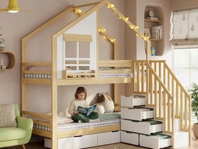 Łóżko piętrowe dziecięce 90x200 cm - Z drabiną ze schowkami - Z oknem i szufladami - Drewno lite + MDF - Biały + naturalny (bez materaca)