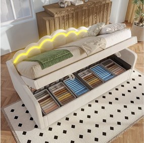 Łóżko 90x200 cm z pojemnikiem - łóżko dziecięce z taśmą świetlną LED zmieniającą kolor - beżowy aksamit - bez materaca