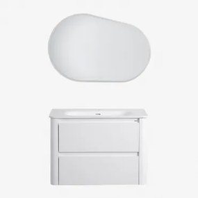 Zestaw Mebli Łazienkowych Z Drewna Z Wbudowaną Umywalką Egerton Biała & Owalna Lampa Led I Przeciwmgielna 100x65 Cm Meunier & Bez Kranu - Sklum