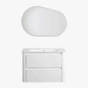 Zestaw Wiszących Mebli Łazienkowych Zintegrowany Z Umywalką Egerton Biała & Owalna Lampa Led I Przeciwmgielna 100x80 Cm Riben & Bez Kranu - Sklum