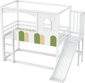 Łóżko piętrowe dla dzieci - 2 x 90 x 200 cm - w kształcie domku - z okienkami + zjeżdżalnia + drabinka - drewniane - białe