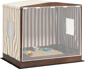 Piaskownica AIYAPLAY, drewniana skrzynia z baldachimem i siatkowymi drzwiami, ławki, ochraniacz podłogi, kolor brązowy