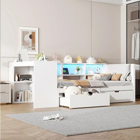 Łóżko dziecięce kombinowane - 90 x 200 - z półkami do przechowywania + 2 szuflady + oświetlenie LED + stolik - MDF - białe