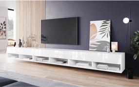 Nowoczesna szafka RTV 300 cm z LED – bezuchwytowa, korpus biały mat, fronty biały połysk Polygloss, stojąca lub wisząca