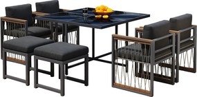 Zestaw mebli ogrodowych do jadalni dla 6 osób, stół ze szkła hartowanego, konstrukcja z ocynkowanej stali, 4 krzesła, 2 stołki, 1 stół, szary