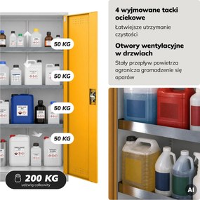 Szafa na chemikalia z wentylacją i tacami ociekowymi szaro-żółta, 900x1850x400 mm: MARIA