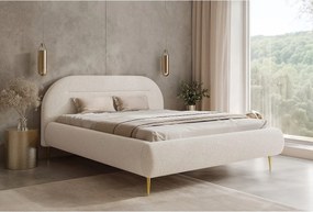 BESILIO Nowoczesne łóżko z pojemnikiem 120x200 Apolline II - łóżko zaokrąglone wezgłowie, miękka tkanina pluszowa, łóżko na wysokich nogach- Kremowy