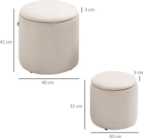 HOMCOM Pufy z Przestrzenią do Przechowywania, Zestaw 2 Sztuk, Miękkie Wyściełanie, Obicie w Prążki, Kremowe, 40 x 41cm