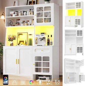 Wysoka komoda kuchenna - 130 x 45 x 180 cm - z drzwiami szklanymi + oświetlenie LED + szuflada + półka - MDF - biała
