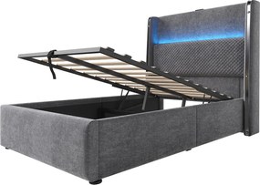 Łóżko z pojemnikiem 90 x 200 cm – łóżko pojedyncze z oświetleniem LED i portami USB/Type-C – szary len – materac w zestawie