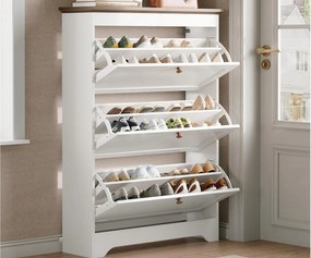 Nowoczesna szafa na buty 87x26x120 cm - 3 drzwi uchylne - okrągłe drewniane uchwyty - MDF - biały