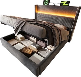 Łóżko hydrauliczne ze schowkiem i zagłówkiem + diody LED i porty USB/Type-C - 180 x 200 cm - len - szary
