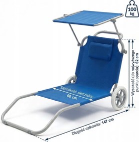 Leżak plażowy Solmare z daszkiem i kołami - składany leżak ogrodowy, niebieski