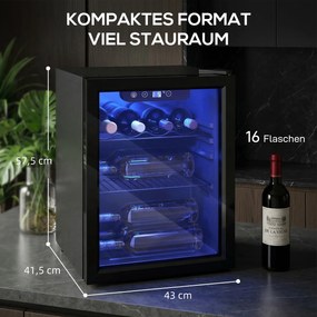 HOMCOM Chłodziarka do wina na 16 butelek, 48 L pojemności, temperatura 4–16°C, podblatowa lodówka na napoje i piwo, z szklanymi drzwiami i LED światłem | Aosom PL