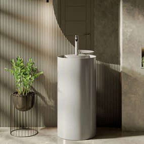 Umywalka z konglomeratu wolnostojąca okrągła szara błyszcząca 87 x 44 cm KALMI GREY GLOW z otworem na baterie : Podłączenie syfonu - Do ściany