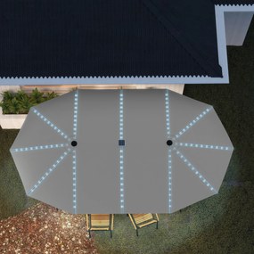 Outsunny Podwójny Parasol z Oświetleniem Solarnym, Aluminium, Poliester, Ochrona UPF50+, Odporność na UV, Parasol Tarasowy, Ciemnoszary
