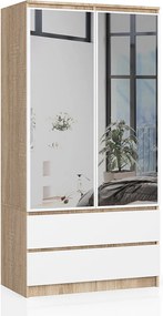 Szafa AKORD S90 Dąb Sonoma 90 cm z lustrem 2 drzwi 2 szuflady kolor Biały mat 4 półki 90x51x180 cm