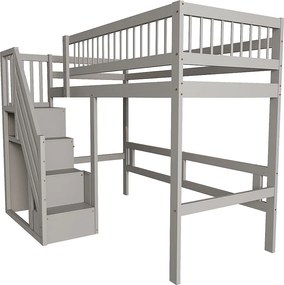 Łóżko mezzanine 90x200cm - ze schodami z miejscem do przechowywania - drewno lite + sklejka + MDF - Szary