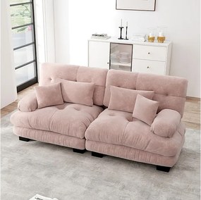 Sofa 2-osobowa różowa - z 4 poduszkami - rama z litego drewna + tkanina plusz - 220x77x81cm