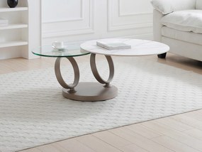 Stolik kawowy z obrotowymi blatami z ceramiki, szkła hartowanego i metalu taupe - Efekt białego marmuru - JOLINE marki Maison Céphy