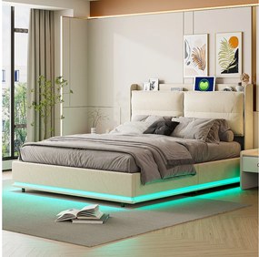 Łóżko tapicerowane 140x200cm z ładowaniem bezprzewodowym (USB i Type-c), łóżko małżeńskie z LED, aksamit, beż