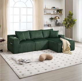 Narożnik z uchwytem na kubek - 3-osobowa sofa z pięcioma poduszkami i kieszeniami bocznymi - zielony sztruks