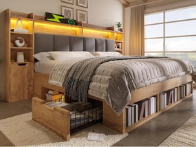 Łóżko dla dorosłych 180×200cm - z oświetleniem LED + portami USB i Type-C - pikowane wezgłowie - z miejscem do przechowywania - Naturalny​ (bez materaca)