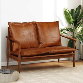 Sofa 2-osobowy z prawdziwej brązowej skóry z konstrukcją z drewna akacjowego w wykończeniu miodowym – Komfort i vintage'owy urok