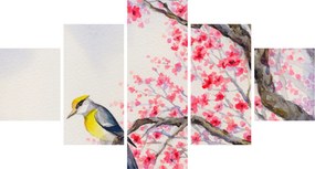 Obraz - ptak na drzewie z czerwonymi kwiatami (125x70 cm)