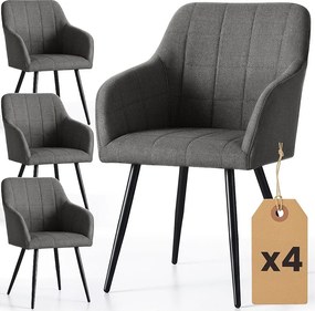 4x Krzesło tapicerowane z przeszyciami kwadratowymi Ciemny Grafit LUXANO Czarne nogi tkanina Lumos