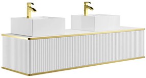 Podwieszana szafka łazienkowa prążkowana ze złotymi wykończeniami, 2 szuflady z podwójną umywalką nablatową kwadratową - Biała - 150 cm - KELIZA