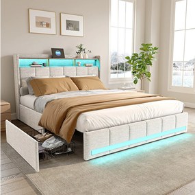 Łóżko 140x190 cm z oświetleniem LED i USB, 4 szufladami i schowkiem na pościel w zagłówku, len, beż