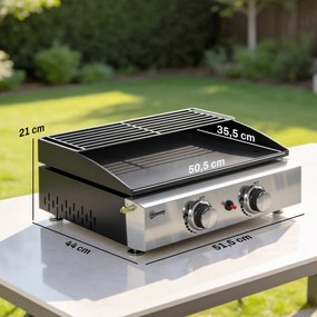 Outsunny Grill gazowy 5 kW przenośny stołowy z 2 palnikami, ceramiczną powłoką i rusztem podgrzewającym | Aosom PL