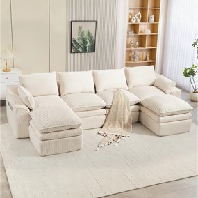 Modułowy zestaw wypoczynkowy 4-osobowy w sztruksie - 335 x 167 x 85 cm - z 2 pufami + poduszkami + 2 kieszeniami - beżowy