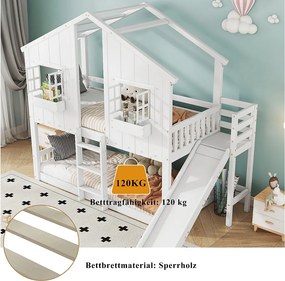Łóżko piętrowe dla dzieci - 2 x 90 x 200 cm - ze zjeżdżalnią + dach i okno + z drabinką - sosna + MDF - białe