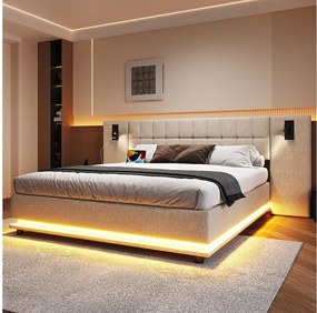 Łóżko tapicerowane dwuosobowe - 180 x 200 cm - z diodami LED + zagłówek z oświetleniem + USB - len - beż