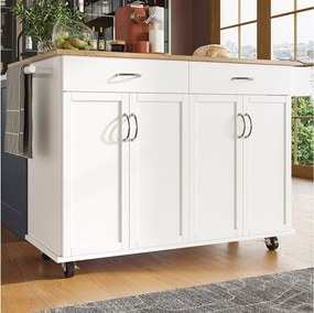 Biały mobilny wózek kuchenny - Wyspa kuchenna z 2 szufladami i 4 drzwiami - Półka na przyprawy i wieszak na ręczniki