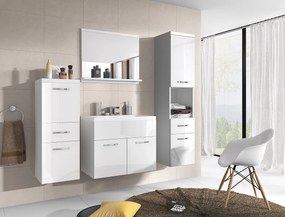 Nowoczesne meble łazienkowe, wiszący zestaw z umywalką, lustrem i słupkami, korpus biały mat / fronty biały połysk