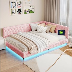 Łóżko dzienne 140x200 cm design w kształcie litery L różowe z wielokolorowym oświetleniem LED i wbudowanym portem USB, solidna rama z listew bez materaca