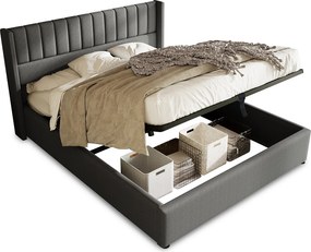 Łóżko ze schowkiem 140 x 200 cm - tkanina lniana - przeszycia w paski - kolor szary + materac