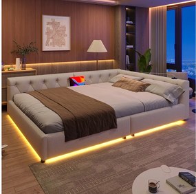 Sofa dziecięca rozkładana - 140 x 200 cm - z diodami LED + zagłówek + USB + Typ C - len - beż