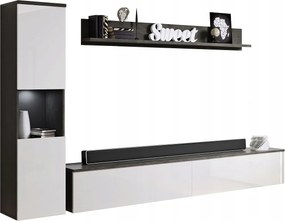 Nowoczesna meblościanka 3-elem. do salonu, korpus matera, fronty biały połysk, słupek i szafka RTV 180 cm