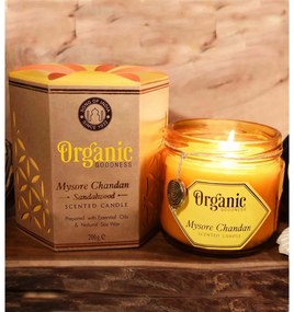 Świeca organiczna Mysore Chandan - drzewosandałowe 200 g w bursztynowym szkle